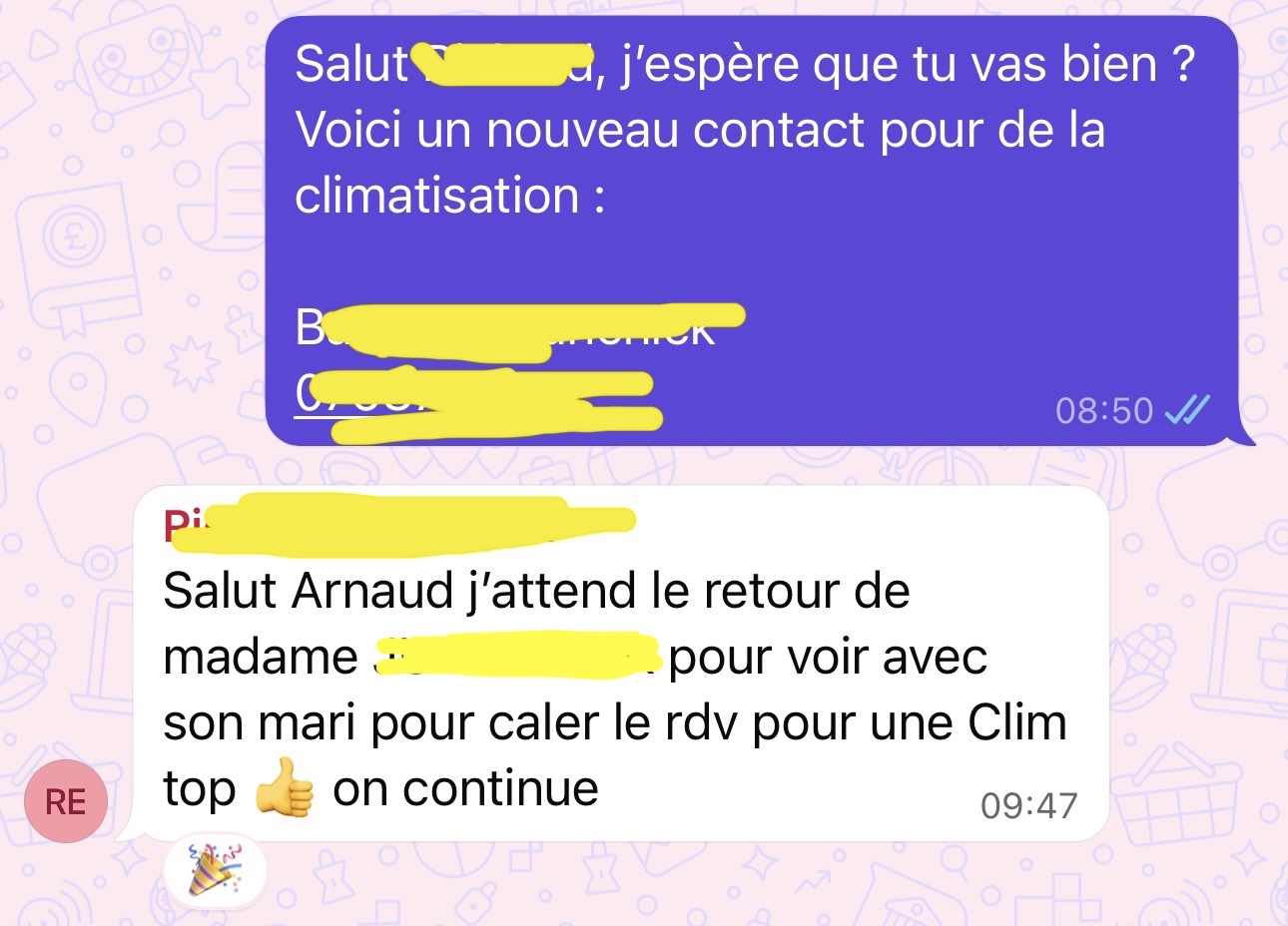 Message client : contact transmis, rendez-vous en cours de calage