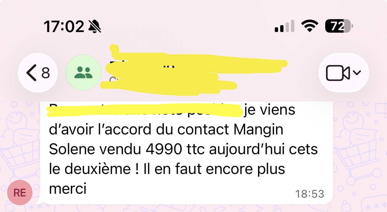 Message client : devis signé 4 990 € TTC, deuxième vente